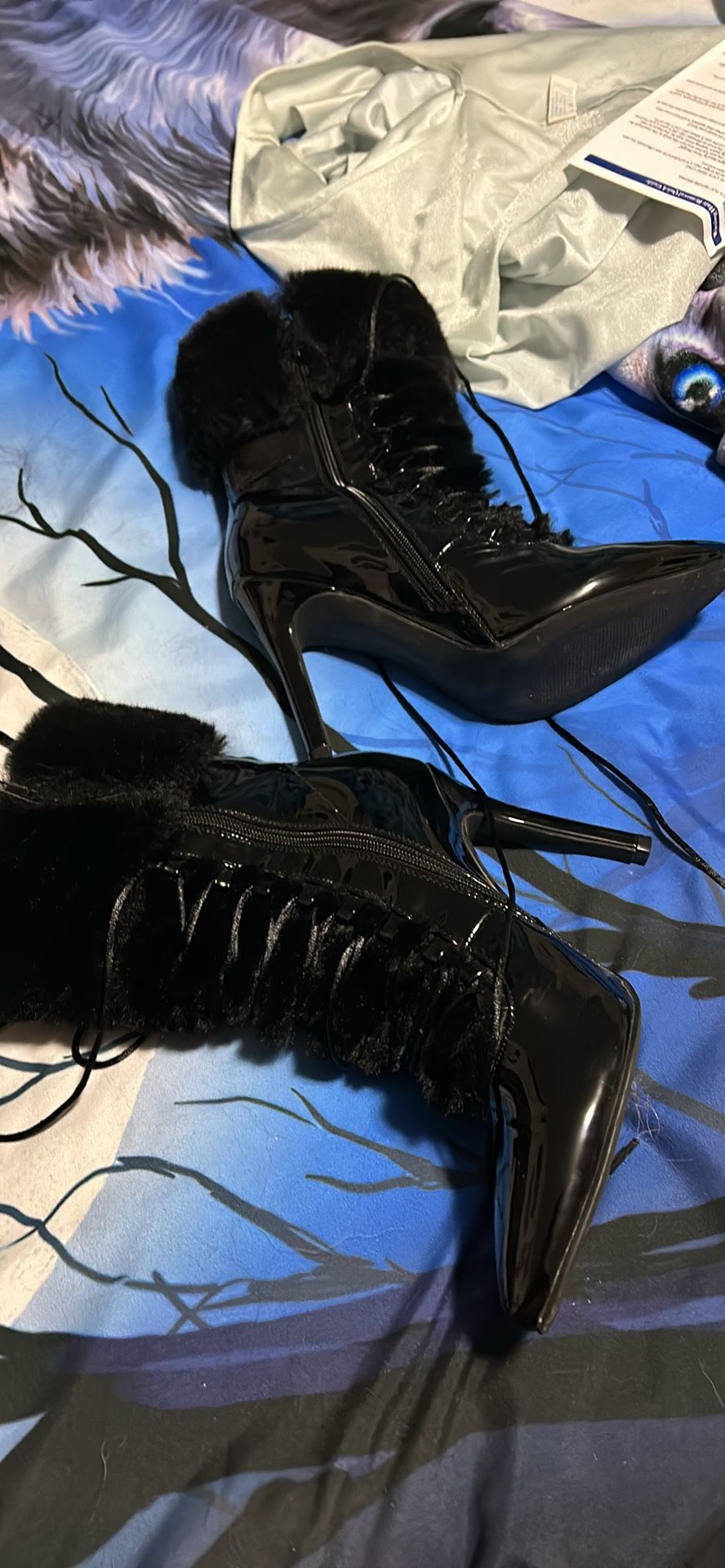 Black Stiletto Boots W The Fur Size 7