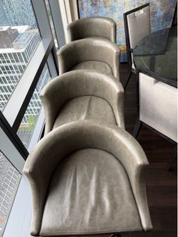 Set of 4 Modern Gray Faux Leather Bar Stools, Curved Back, 36” Tall