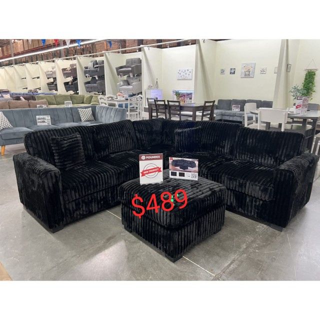Black Corduroy Sectional Sofa With Ottoman