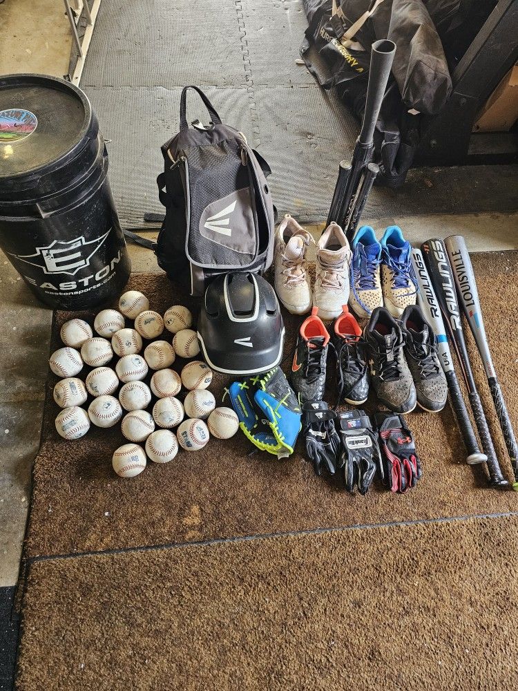 Baseball Equipment Lot T-Ball Farm, Backpack Baseballs Tee Shoes Bats