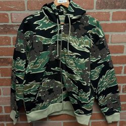 Denim Jeans Tears Zip Up Chrome Jacket Hearts Camo Green Wreath Puff Small S