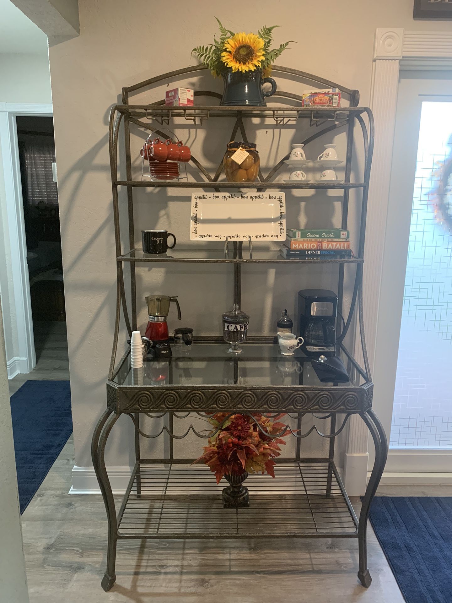 Wrought Iron Bakers Rack w/ Glass Shelves 