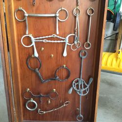 Antique Display Cabinet With Antique Horse Bits