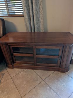 Wooden TV Stand with Glass Sliding Doors