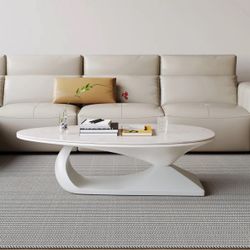 0809 LAKIQ Nordic Style Stone Top Coffee Table with Solid Wood Trestle Base Modern Living Room Center Table Oval Cocktail Table for Small Apartment (W