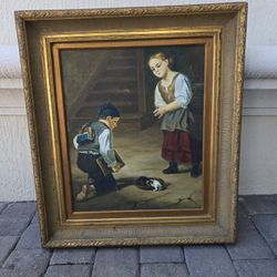 Antique Oil Painting Children And Kitten