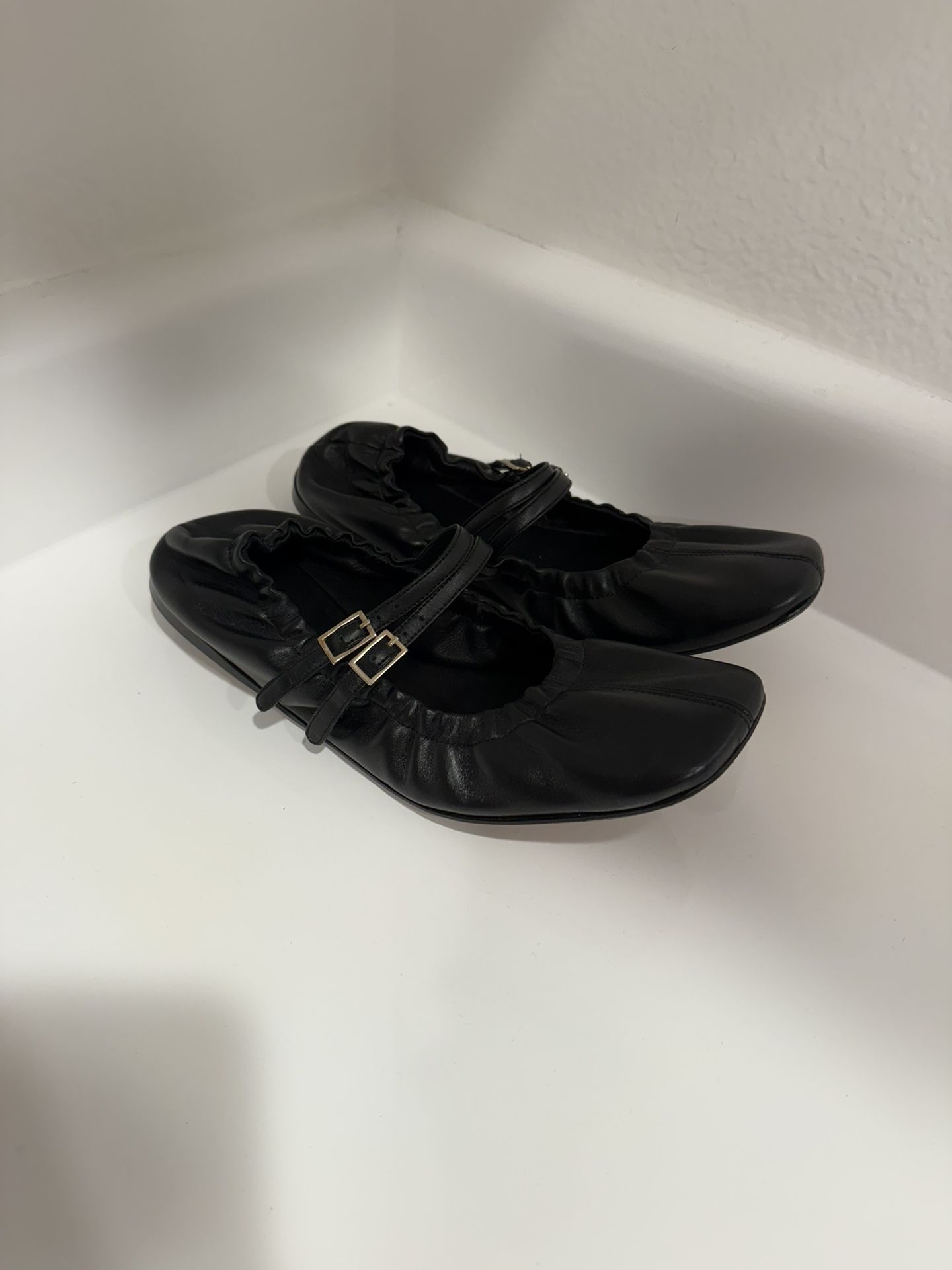 FRAME Le Sunset Mary Jane Ballet Flat in Black Leather Women's Size 38
