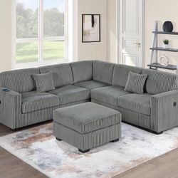 SMOKE FUR LIKE CORDUROY SECTIONAL WITH OTTOMAN 