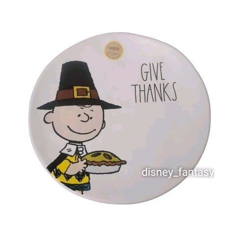 Rae Dunn Peanuts Thanksgiving Ceramic Round Serving Plate Pilgrim Charlie Brown
