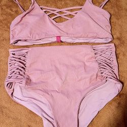 Coral Pink High Waisted Retro Bikini Swim Suit Size Large New 