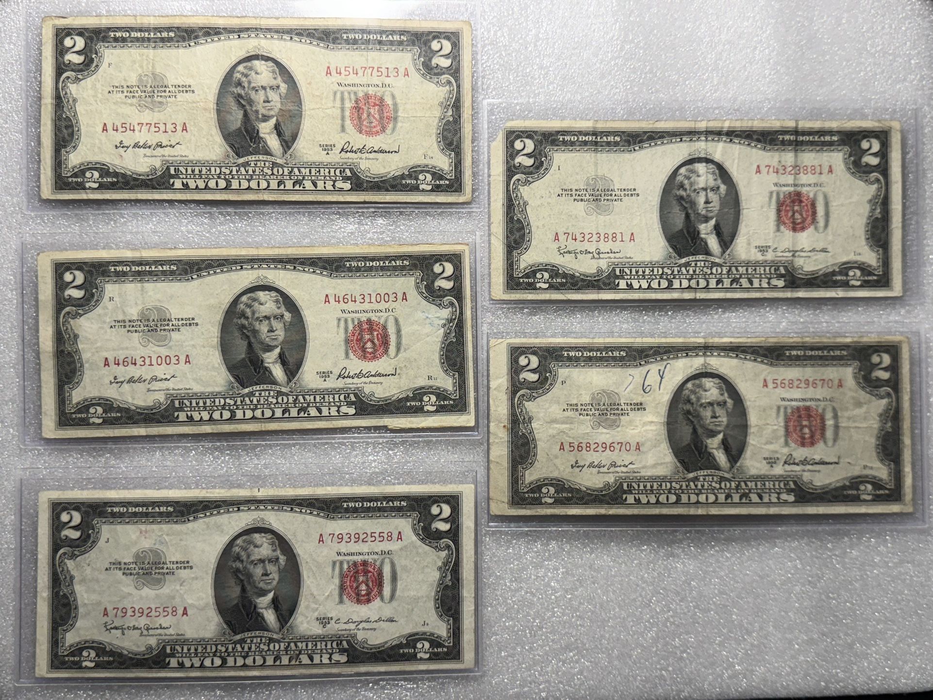 10x 1953 Red Seal Two Dollar Bills
