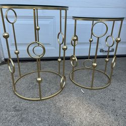 Nesting Goldtone Postmodern End Tables with glass top - Set of 2