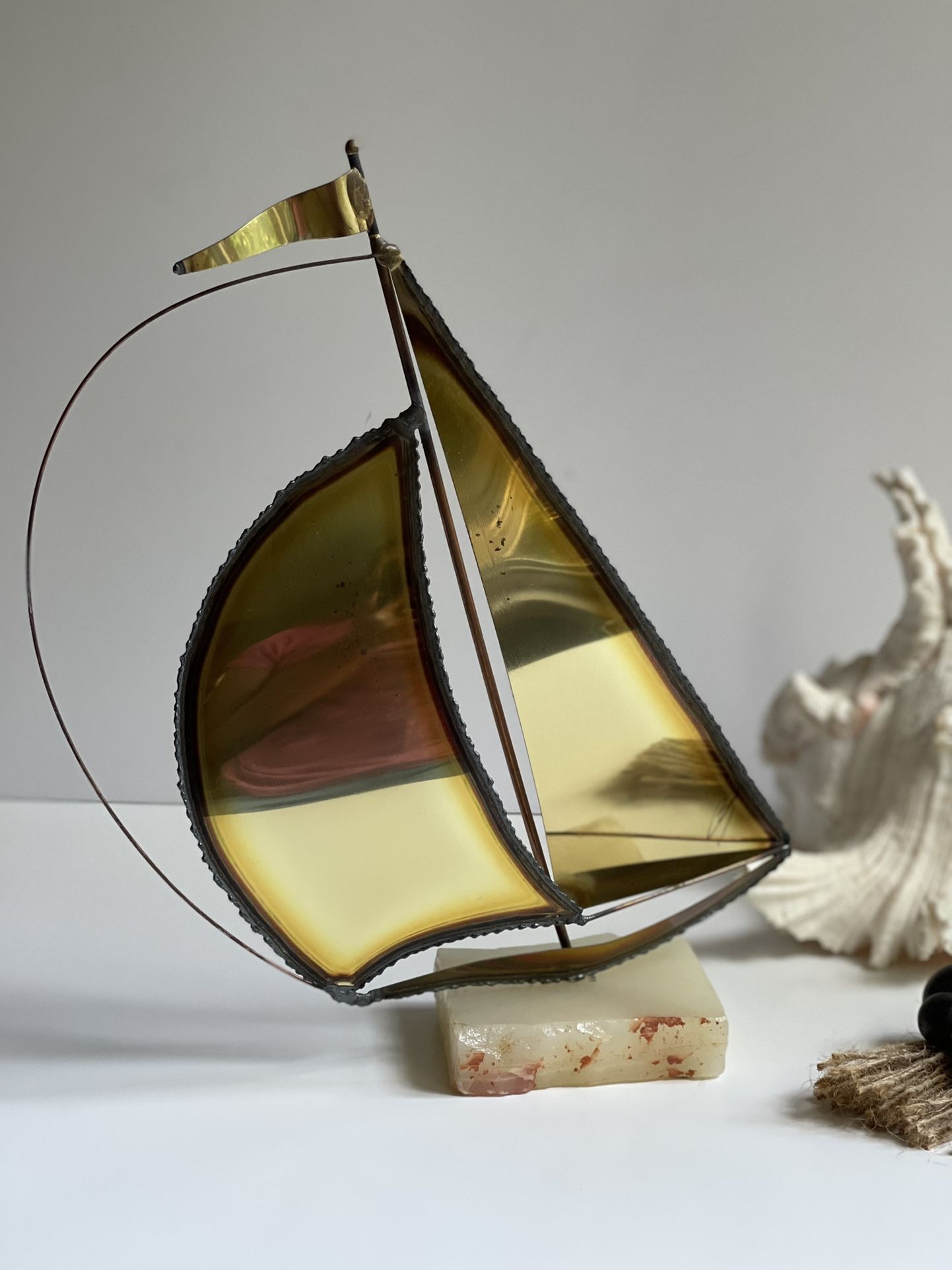 Vintage MCM Brutalist Signed Brass Sailboat on Onyx Base