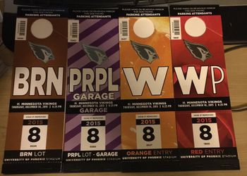 Arizona Cardinals vs Minnesota Vikings Red, orange and brown parking pass