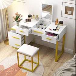 Dressing table 4 Drawer Makeup Vanity Set with Mirror - Particle Board + MDF, Ample Storage & Ideal Gift, White