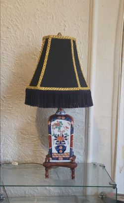 Nice Hand Painted Chinese Porcelain Lamp. Mahogany Wooden Base, Custom Shade, 29" tall, Excellent Condition.