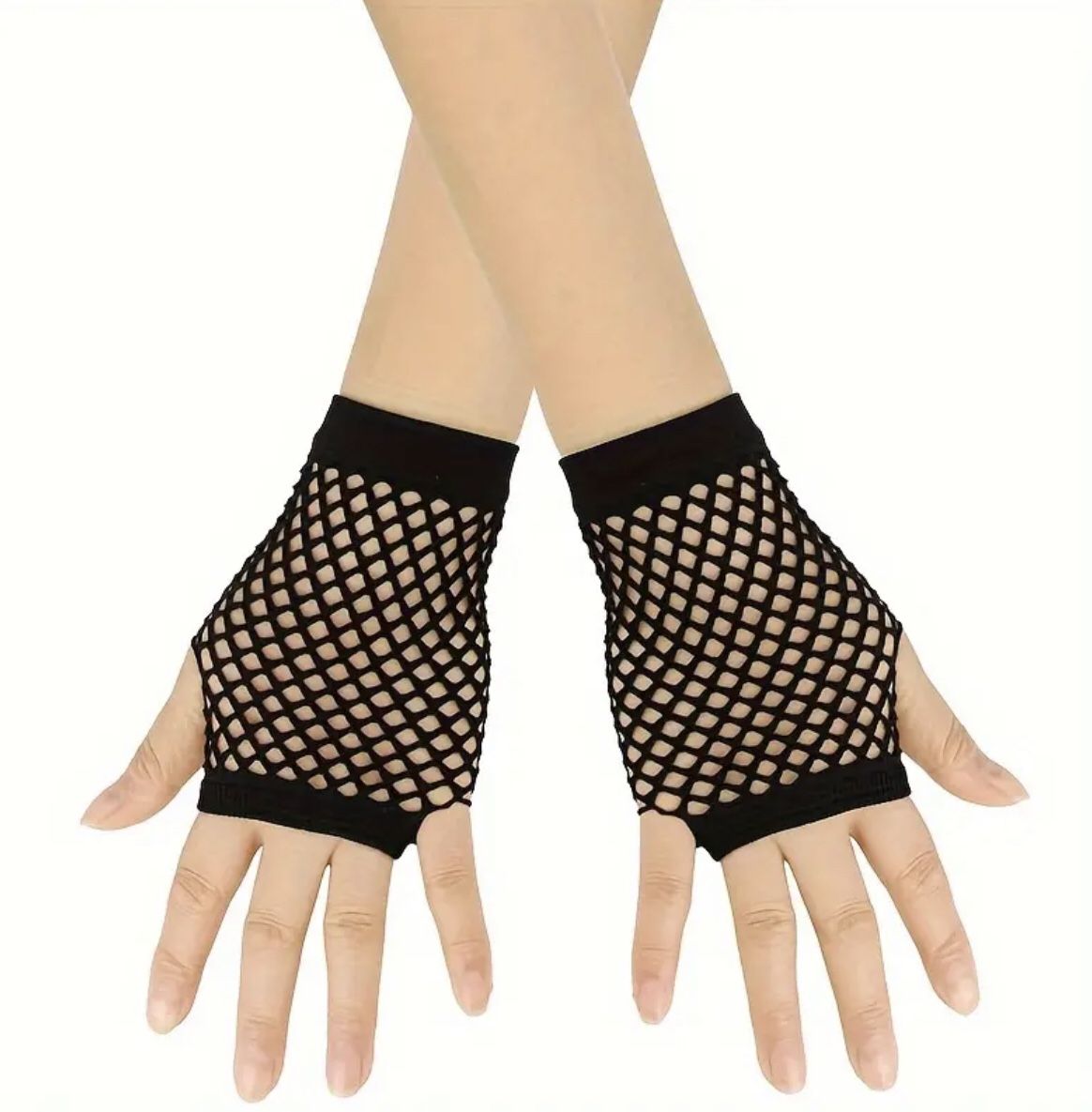 Black Gothic Punk Fishnet Gloves - short fishnet fingerless emo gloves with elasticated punk wrist
