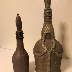 Vintage 2 Piece Decanter Bottles Hand Decorated w/ Plaster Coating & Rope