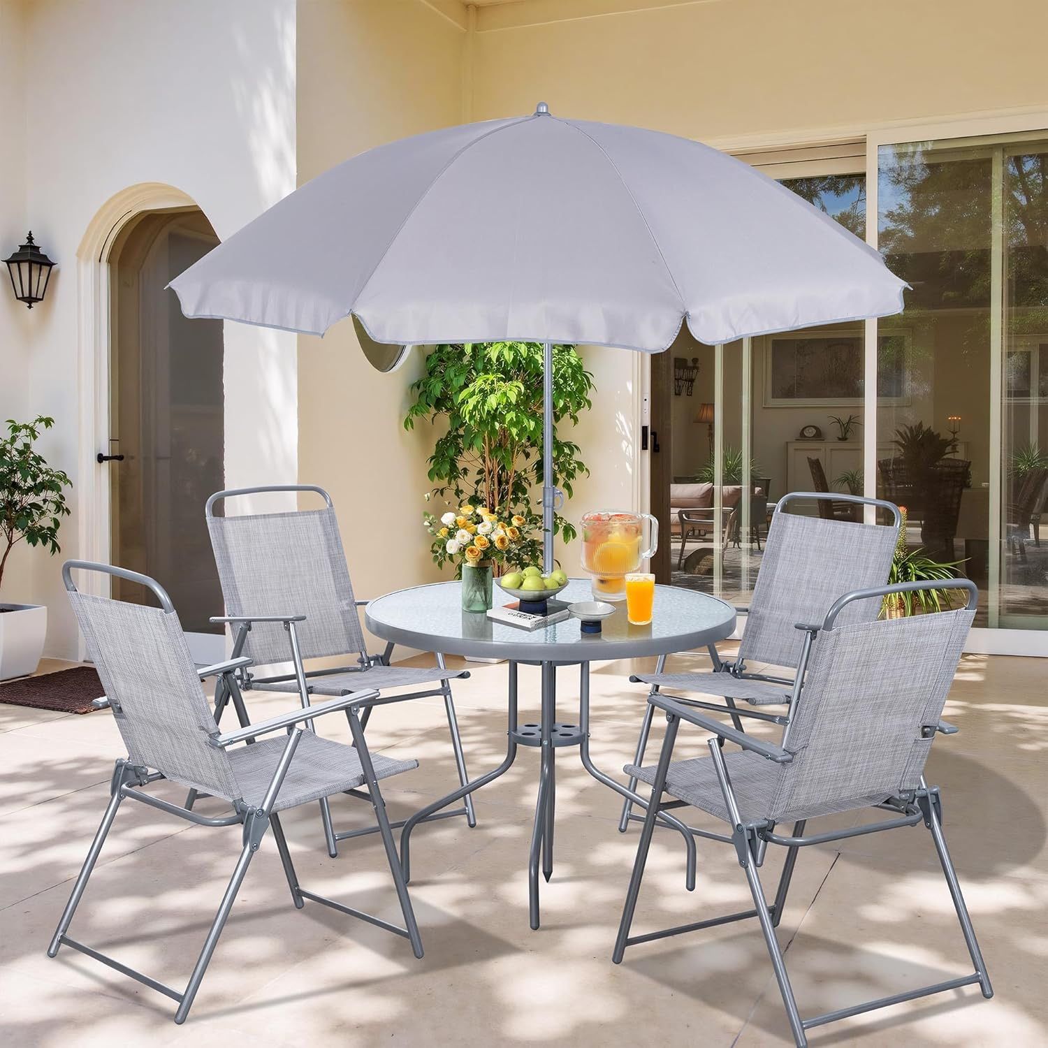 6' patio table umbrella 6-piece Outdoor Patio Dining Set with 10 ft Umbrella, Swivel Textilene Chairs & Wood-Grain Patio Table for 4 People, Brown-Gray & Beige