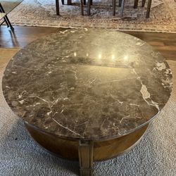 Round Stone And Solid Wood Coffee Table