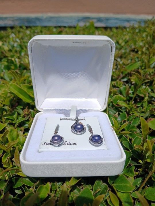 Black Diamonds And Purple Pearls Necklace+earrings