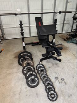 Olympic Squat(Adjustable Height) Bench with Legs, Preacher Curls/253 LBS Olympic Plates,45 LB Olympic Bar