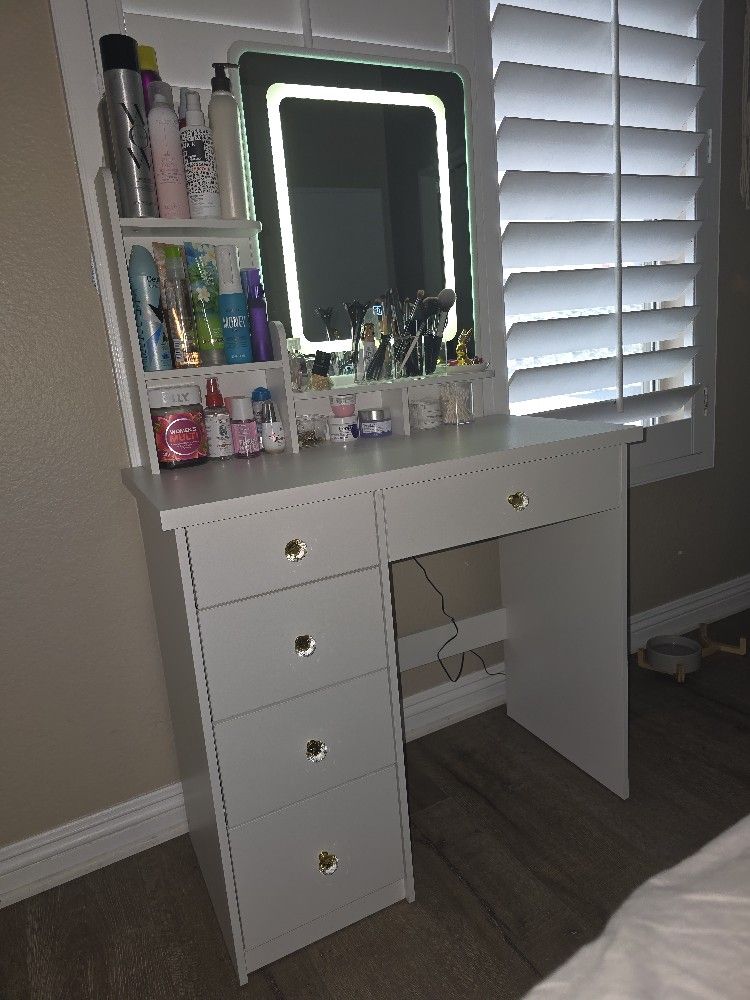 5-Drawers White Wood Makeup Vanity Sets Dressing Table Sets