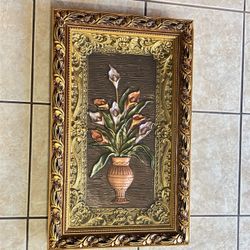 Spanish Hand Carved 3D Gold Double Wood Frame Porcelain Flowers under Glass