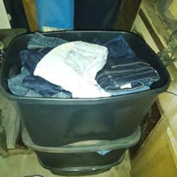 3  Plastic Storage Bins Full Of Designer Clothes 