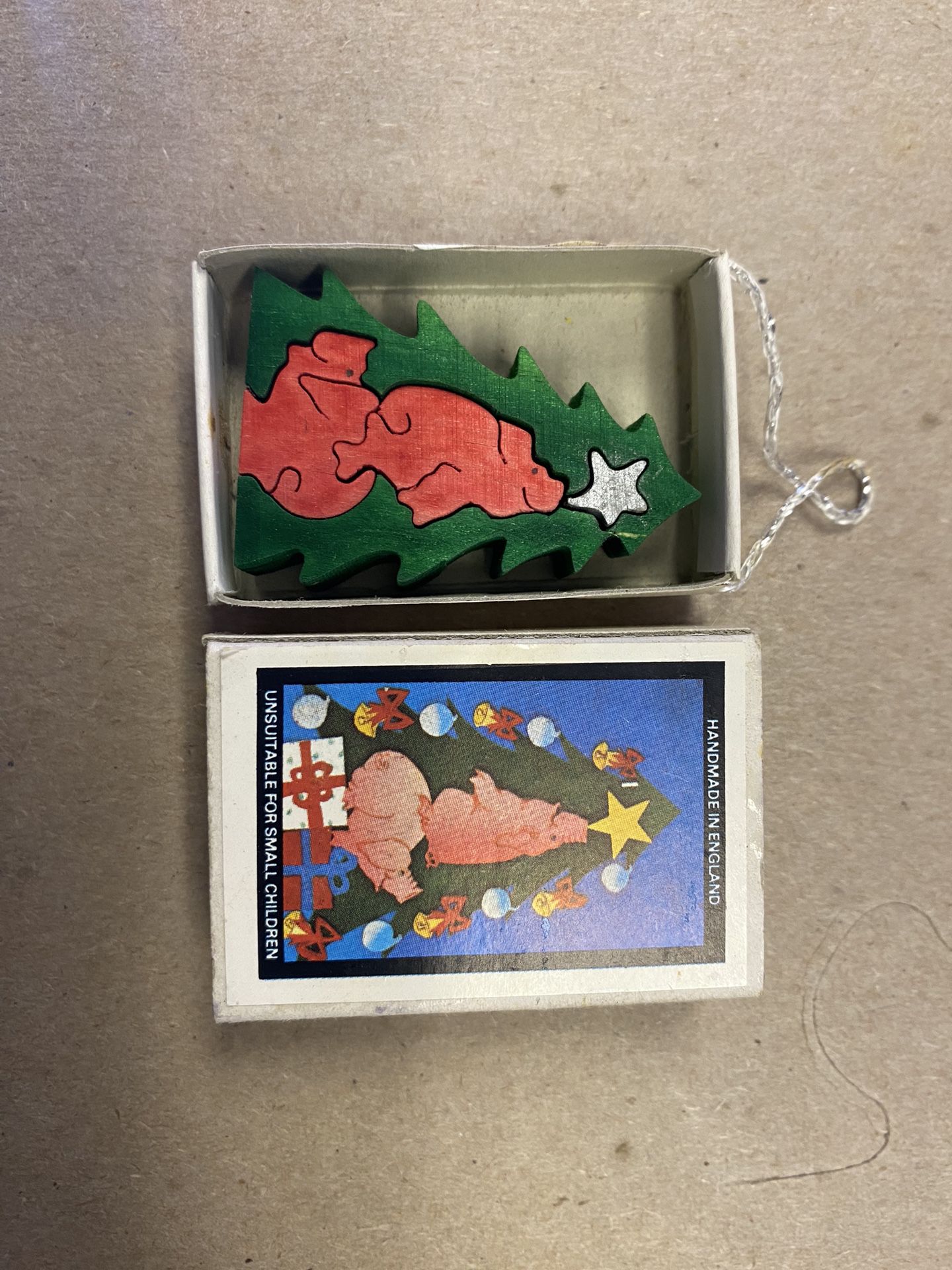 Vintage Miniature Wood Puzzle Ornament Pig Christmas Tree Matchbox