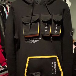 Time Space Mens M Multi Pocket Hoodie Black And Yellow
