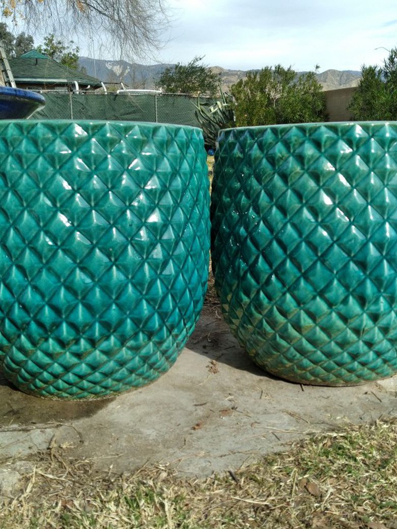 New Planting Pots "Aqua 20"&15" Pinequilt Ceramic Planters" 3 Pc Set $120😷
