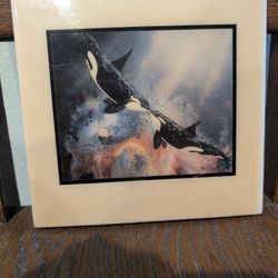 Frank Walsh Northern Eve Orcas Whale Print on Yellow Ceramic Art Tile 8x8