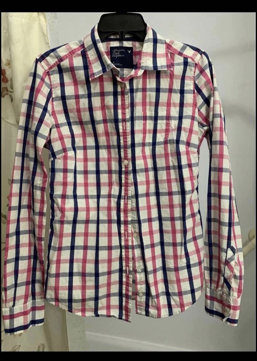 American Eagle outfitters pink plaid shirt size 8