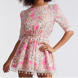 LOVESHACKFANCY NOVALIE PINK FLORAL COTTON MINI DRESS SMALL VERY GOOD CONDITION