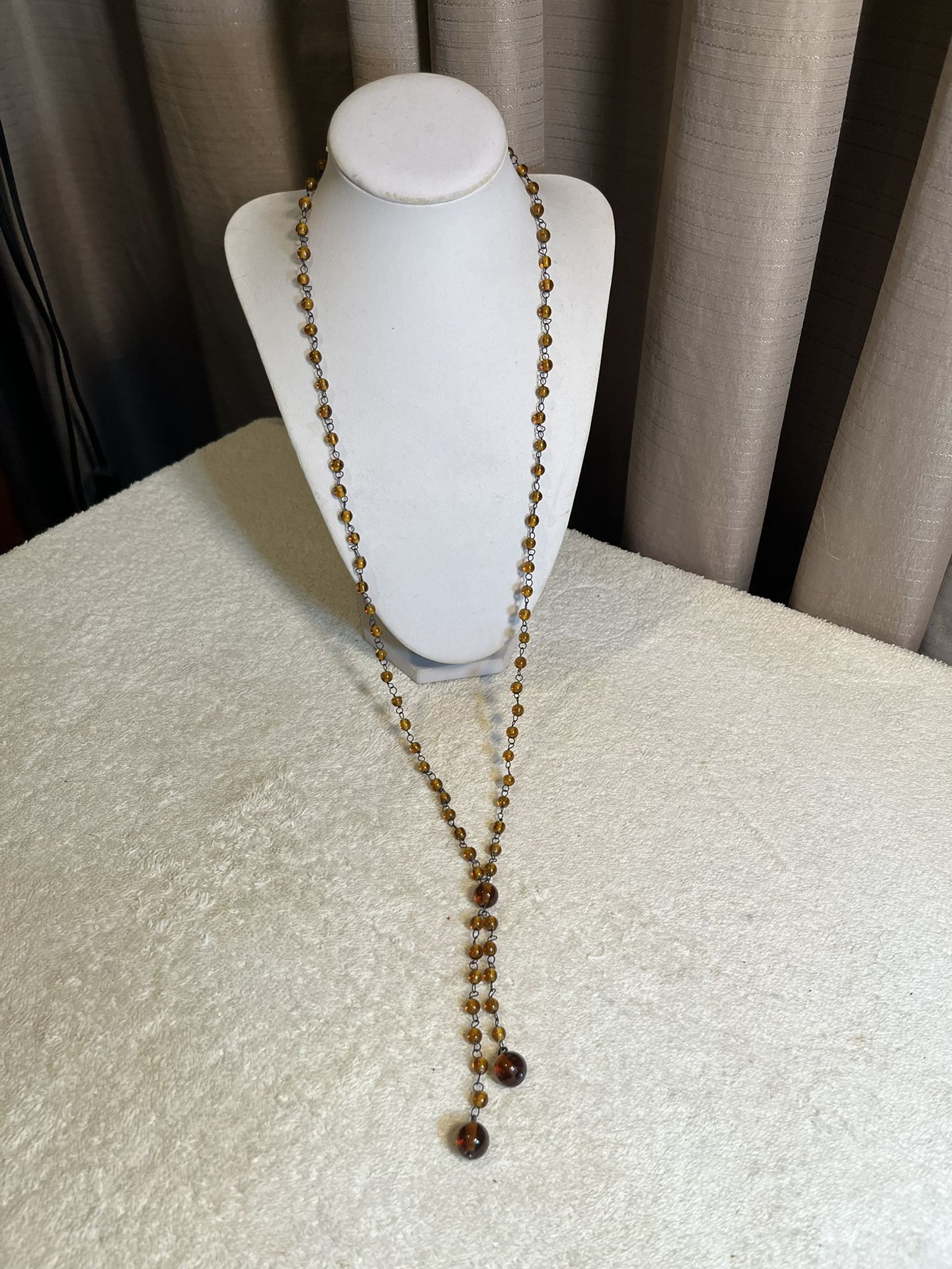 Vintage Amber Tone Glass Beaded Necklace With Tassel
