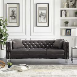 Couch,Sofa,82.3" Velvet Upholstered 3-Seater Sofa, Contemporary Style,Cushions Removable,Comes with 2 Square Throws,Living Room (Grey)