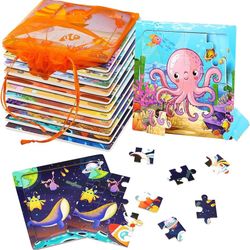 Pack of 12 Wooden Puzzles with 12 Organizer Bags, Puzzles for 3, 4 and 5 Year Olds, Educational Travel Toys for Boys and Girls