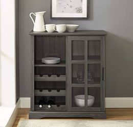 Gray Buffet Cabinet with Sliding Door & Wine Rack Storage.