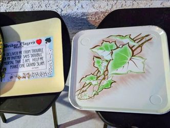 Vintage card or metal tv tray camping plates trays dishes