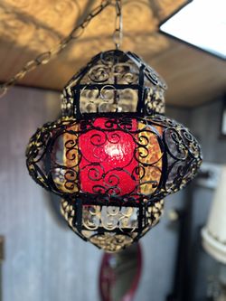 Vintage Spanish Revival Iron Cage Swag Lamp / Light 