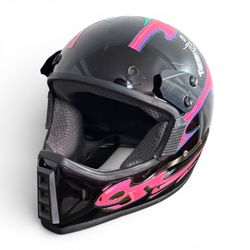 Vintage Full Face Motorcycle Helmet with Retro Neon Graphics – Size L