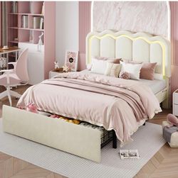 Upholstered Bed Frame with LED Headboard and Storage Drawer