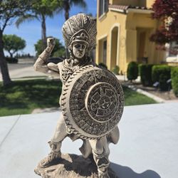 Aztec Warrior Statue w/ Calendar Shield – Intricate Collector Display Piece