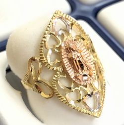 Beautiful fancy Guadalupe (Virgin mary) religious ladies rings 14K REAL YELLOW , WHITE & ROSE GOLD. Description⬇️