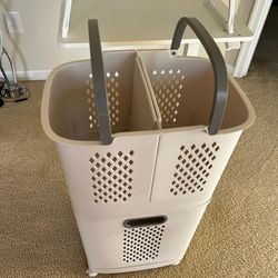 2Tier Rolling Laundry Hamper Sorter Removable Clothes Hamper Organizer with Wheels White Portable Storage Baskets for Bedroom Laundry Room Bathroom