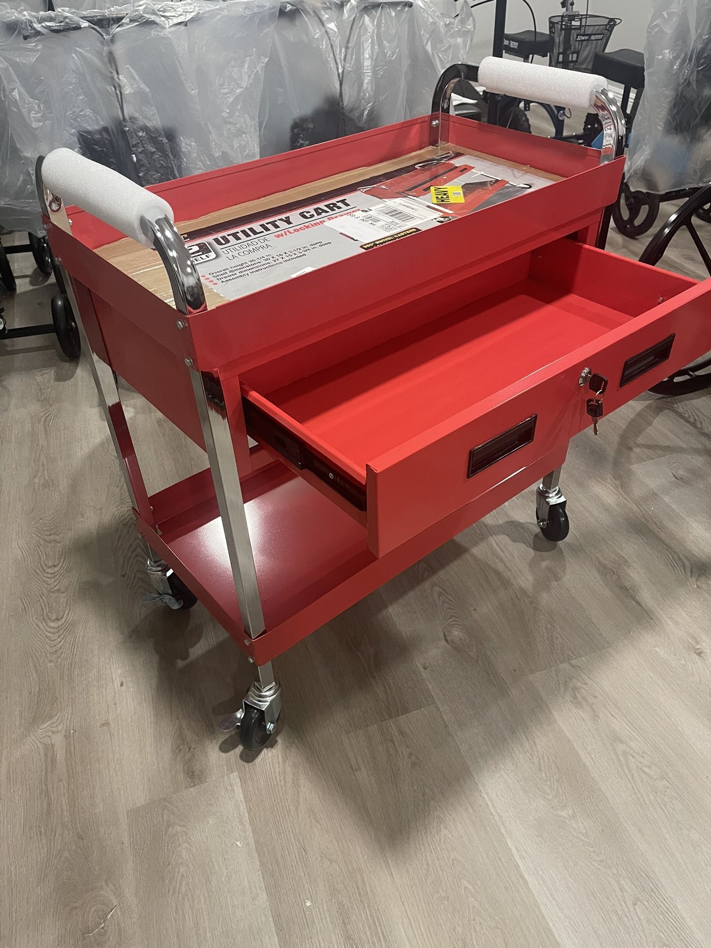 NEW - For Sale - Two Shelf Utility Cart with Drawer and lock
