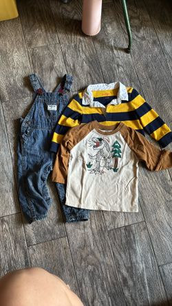 oshkosh overalls, rugby shirt, dino baseball tshirt