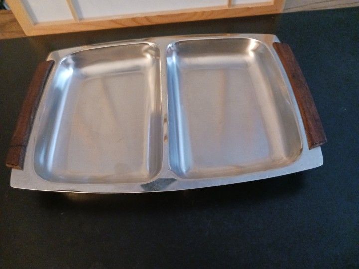Stainless Steel Double Compartment Tray Teak Wood