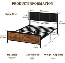 Dyonery - Queen Size Bed Frame, Metal Platform Bed Frame with Wooden Headboard Upholstered